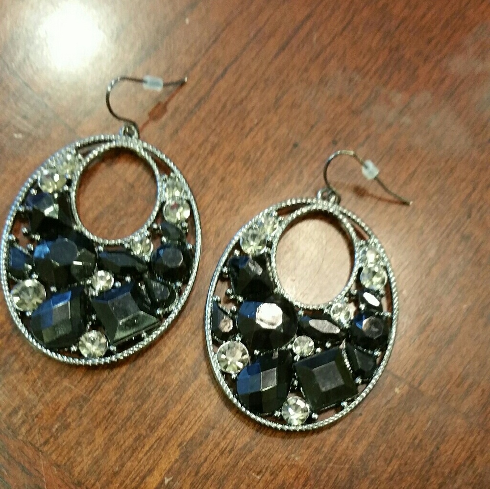 Black and silver bling hook earrings